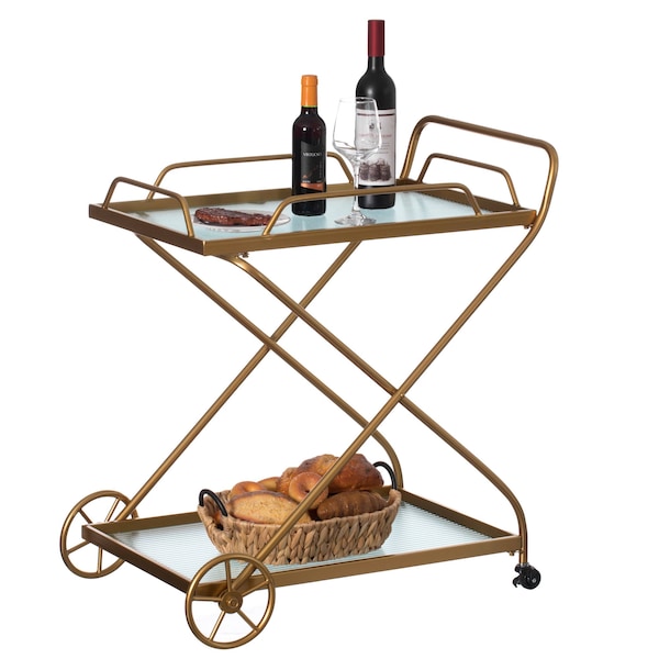 Vintiquewise Gold Metal Wine Bar Serving Cart with Rolling Wheels and Handles for Dining, Living room or Entryway QI004278 - main